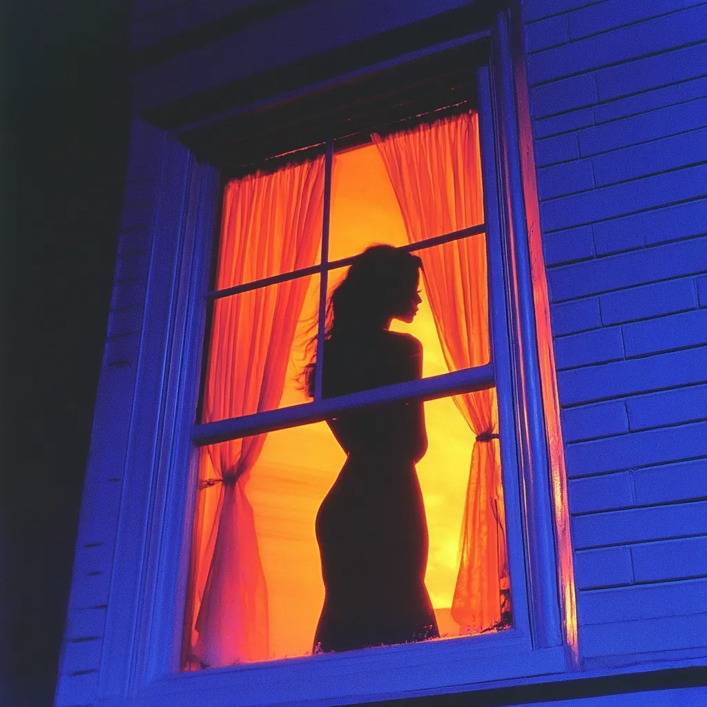 The image shows a silhouette of a woman standing in a window. The window is open and there are red curtains behind her. The woman is looking out of the window and her hair is blowing in the wind. The background is a bright orange color, which suggests that it is either sunset or sunrise. The window frame is painted a bright blue. The scene is dramatic and atmospheric, with the woman's silhouette standing out against the bright background. The image could be interpreted in a variety of ways, depending on the viewer's own perspective.
