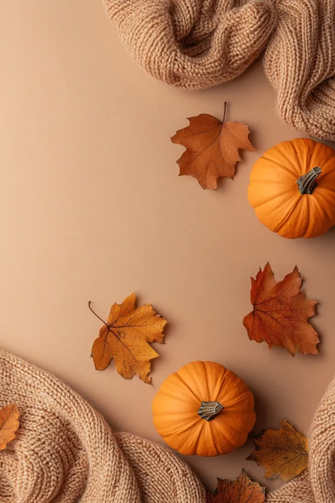 A flat lay image featuring two pumpkins, autumn leaves, and a knitted sweater. The objects are arranged on a light brown background, creating a warm and cozy fall scene. The pumpkins are a vibrant orange, and the leaves are a mix of brown and orange hues. The sweater is a soft, light brown, adding to the cozy ambiance. The image evokes a sense of fall and the upcoming holiday season.