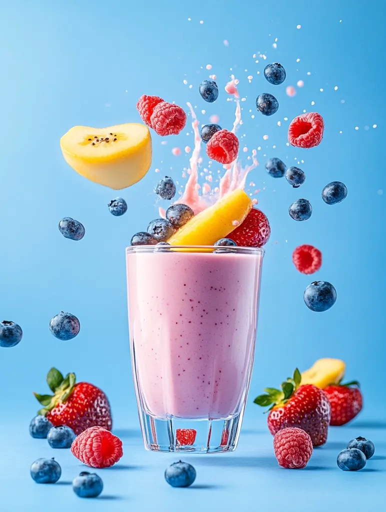 A glass of pink smoothie sits on a blue background, surrounded by scattered blueberries, raspberries, strawberries, and a slice of kiwi.  The smoothie is topped with a splash of milk and a slice of peach.  The image captures a moment of fresh, healthy indulgence.  The vibrant colors of the fruit and the creamy texture of the smoothie create a visually appealing and appetizing scene.