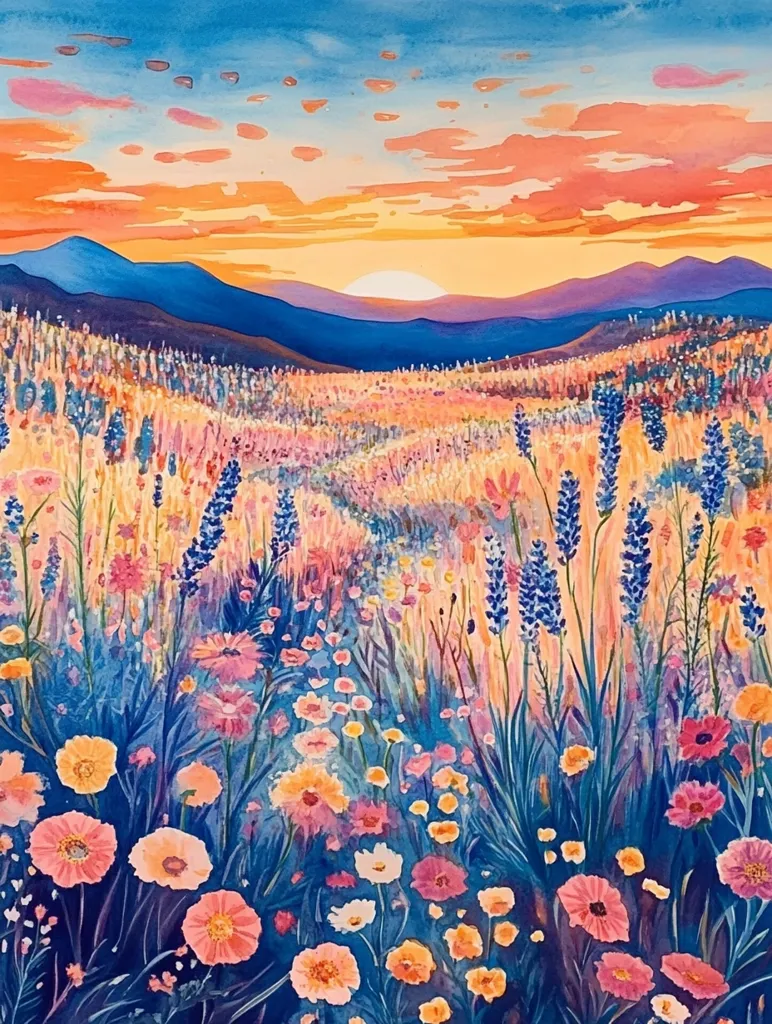 The painting depicts a vibrant field of wildflowers in full bloom, bathed in the golden light of a setting sun.  The sky is a canvas of warm oranges, pinks, and blues, while the distant mountains are silhouetted against the horizon. The wildflowers are a kaleidoscope of colors, including bright pinks, yellows, and whites, creating a sense of joyful abundance. The overall effect is one of peace and tranquility, capturing the beauty of nature at its peak.