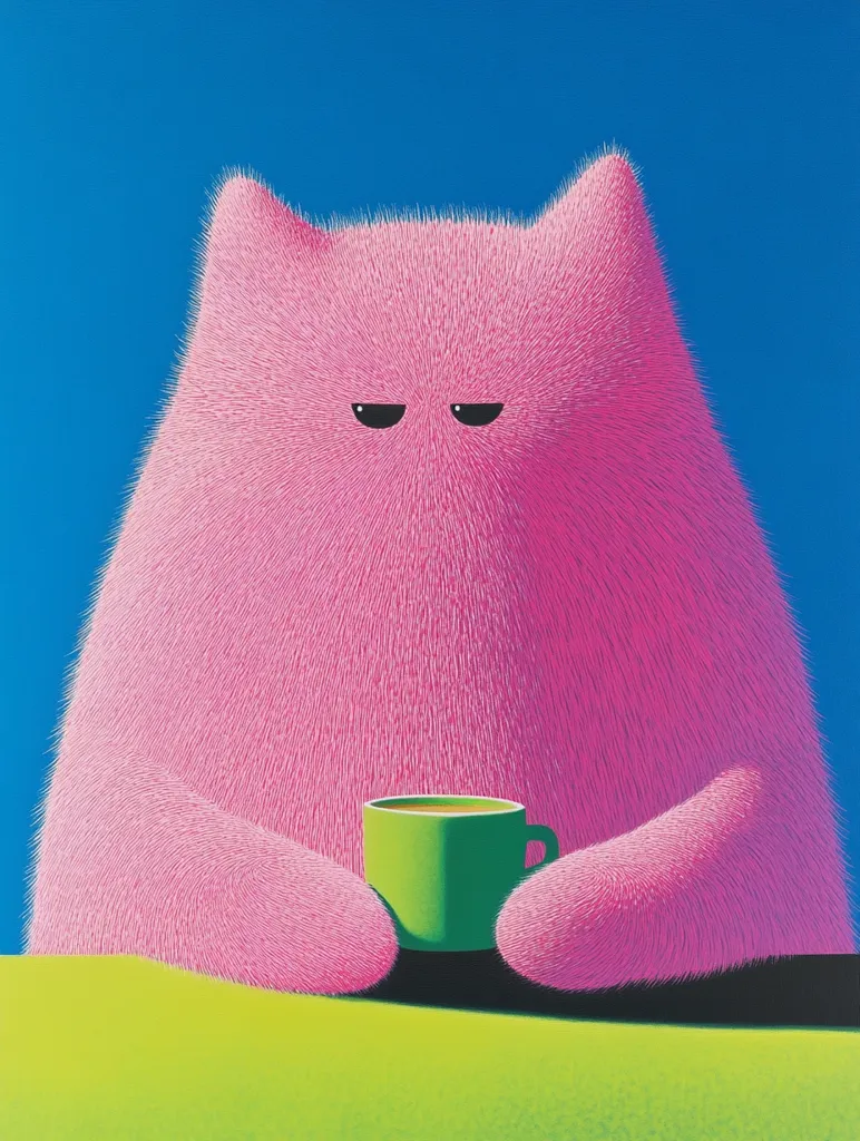 A large, fluffy pink creature with black eyes sits at a table with a green cup of tea in front of it. The creature has a serious expression and its fur is rendered in fine detail. The background is a bright blue. The image is simple but humorous and whimsical.