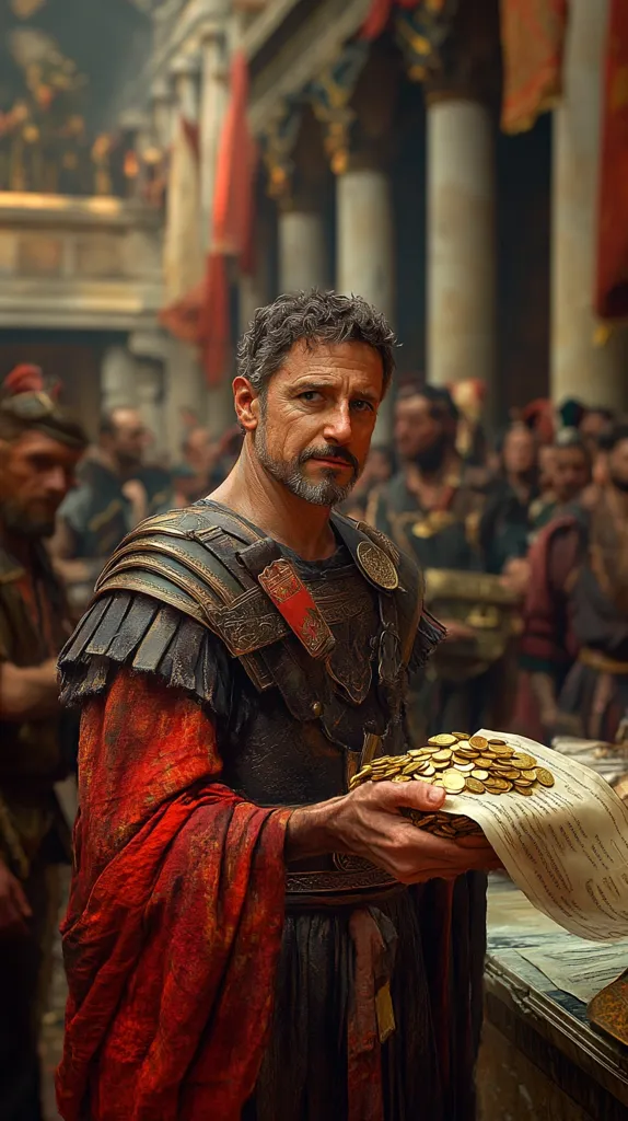 A man in Roman armor and a red robe stands in a crowded room, holding a pile of gold coins in his hand. He is surrounded by other people, some of whom are holding scrolls or looking at him expectantly. The room has large pillars and is decorated with red fabric. The man's face is stern and he appears to be in command.  He has a short beard and dark hair. His armor is detailed and worn, with a leather and metal design. The scene is reminiscent of a historical drama or epic movie set.