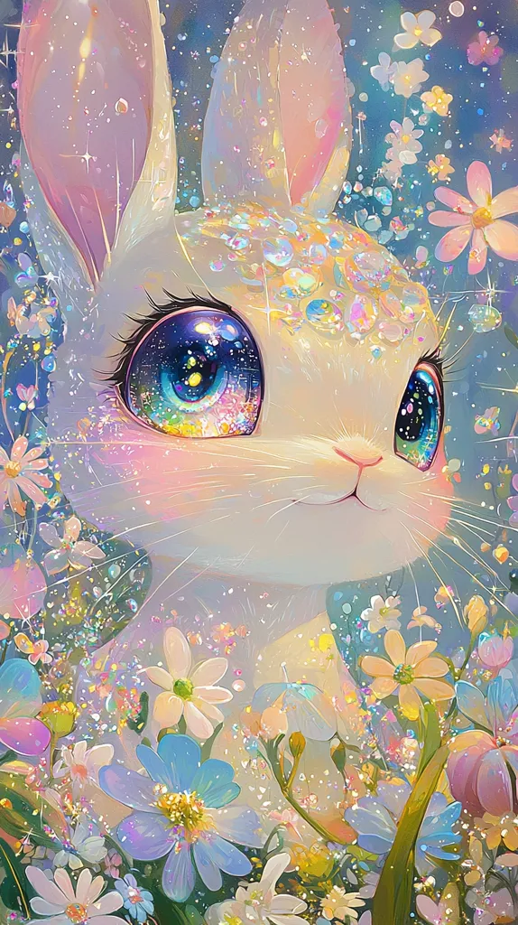 The image is of a white bunny with large, sparkling eyes.  The bunny is surrounded by a field of colorful flowers, creating a dreamy and whimsical atmosphere. The image is filled with light and sparkle, giving it a magical and enchanting quality. The bunny's gaze is soft and gentle, conveying a sense of innocence and wonder.