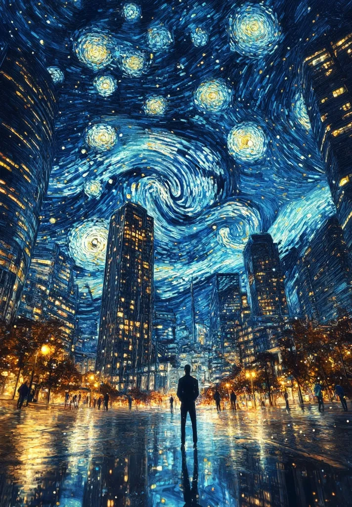 The image depicts a city skyline at night, painted in the style of Vincent van Gogh's "Starry Night." The sky is a swirling mass of blue and yellow, dotted with stars. The cityscape is made up of tall buildings, illuminated by streetlights. A lone figure stands in the foreground, looking up at the sky. The image is both beautiful and haunting, creating a sense of wonder and mystery.