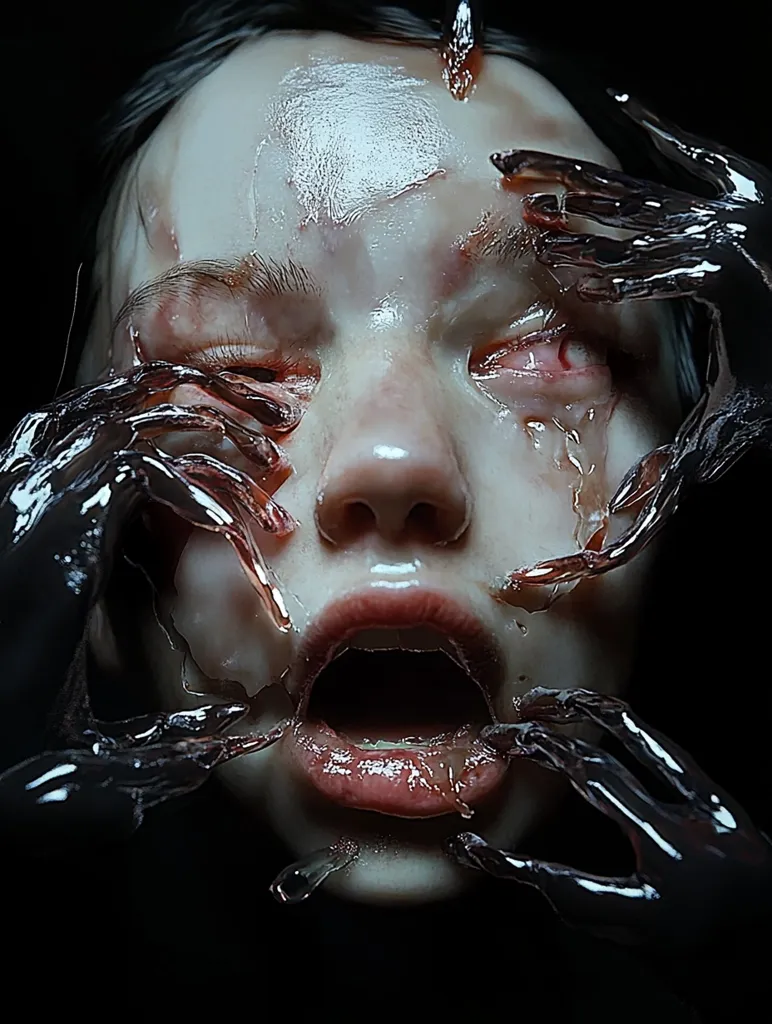 The image shows a close-up of a person's face, with their mouth wide open in a scream. They are covered in a viscous, translucent liquid, and their eyes are red and wet.  Multiple skeletal hands appear to be clawing at them from within the liquid.  The image creates a feeling of horror and fear.