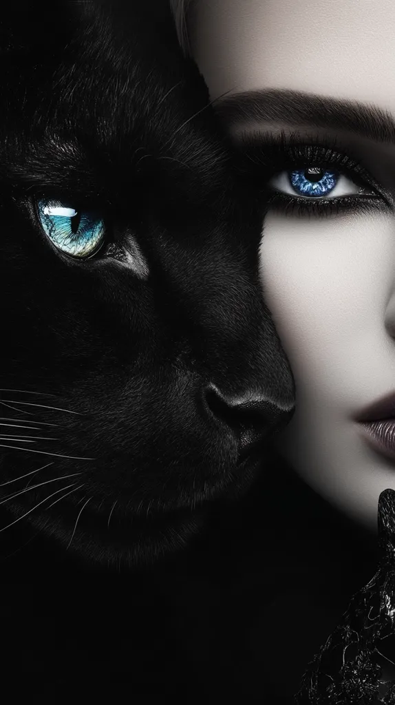 The image is a close-up of a black cat's face and a woman's face. The cat's face is on the left side of the image, while the woman's face is on the right. The cat's face is partially obscured by the woman's face. Both the cat and the woman have blue eyes, and the woman's eyes are heavily made up. The image is dark and moody.