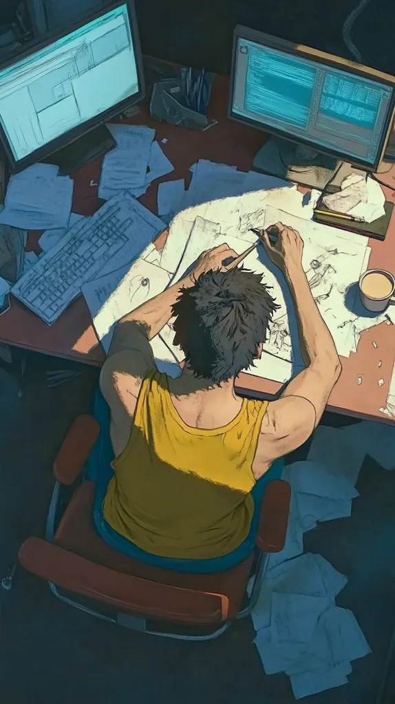 The image is a digital illustration of a young man sitting at a desk and drawing on a piece of paper. He is wearing a yellow tank top and has short dark hair. The desk is covered in papers and there are two computer monitors in the background. The image is rendered in a cartoon style, with soft, muted colors. The overall impression is one of casual concentration and creative focus.