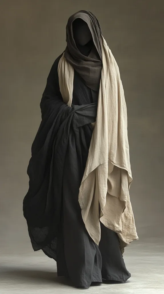 A figure is draped in a large, billowing black and tan garment. The hood covers their head and face, obscuring their features. The garment is made of a soft, flowing fabric that drapes elegantly around the figure. The figure stands alone in a plain room, their identity and purpose unknown. The image creates an air of mystery and intrigue, leaving the viewer to wonder about the story behind the figure.