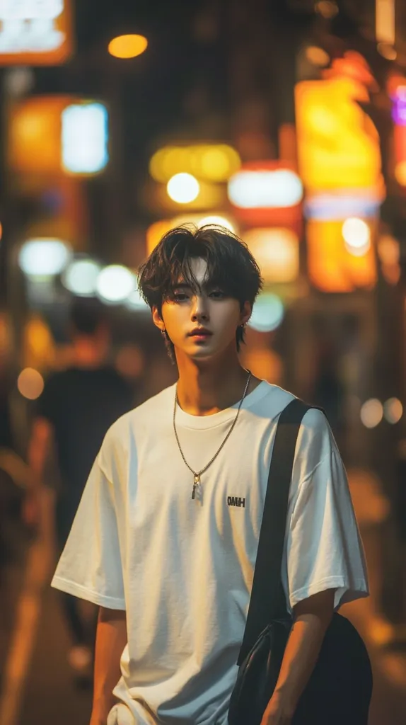 A young man with dark hair stands in a dimly lit urban setting. The background is a blur of glowing lights and signs. He is wearing a white t-shirt with a silver necklace and a black shoulder bag. His expression is serious and introspective.  The overall mood of the image is one of urban cool.