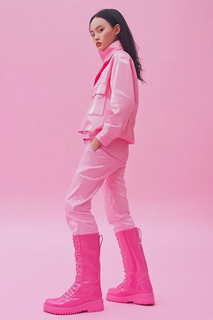 A young woman in a bright pink, shiny outfit stands in front of a pink background. She is wearing a jacket, pants, and knee-high boots, all in the same shade of pink. She has long, dark hair and is looking off to the side with a serious expression. The monochrome color scheme creates a striking and minimalist image.  She has one hand in her pocket.