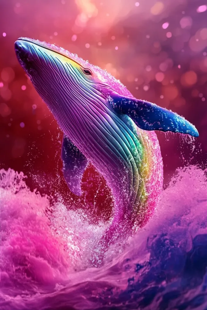 A vibrant, rainbow-colored whale leaps out of a pink and purple ocean. The whale's skin shimmers with a rainbow of colors, and its tail splashes the water, creating a mist of pink and purple. The background is a soft, blurry pink with sparkling lights. The image is whimsical and magical.