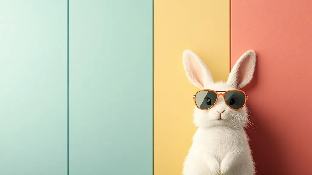 A white rabbit with brown sunglasses is peeking over a bright yellow and pink wall. It's looking straight at the camera. The background is light blue. The image has a playful and fun feel.
