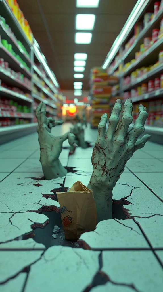 The image shows a scene from a grocery store with a zombie apocalypse theme. Several zombie hands are reaching up from the cracked floor, which is covered in fallen grocery items. The store aisles are filled with shelves of goods, but the once-bright lights are now dim and eerie. The image captures a sense of horror and the chaotic aftermath of an apocalyptic event.