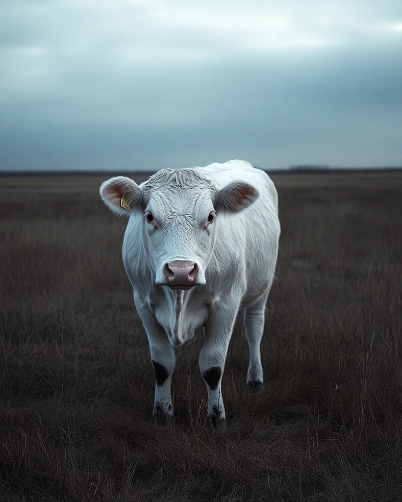 A white cow with black hooves stands in a field of dry, brown grass. The cow is looking directly at the camera with a calm expression. The sky is overcast, and the overall mood of the image is peaceful and serene. The cow's white fur stands out against the brown grass, and its black hooves create a striking contrast. The image is taken from a low angle, which gives the viewer a sense of intimacy with the animal.