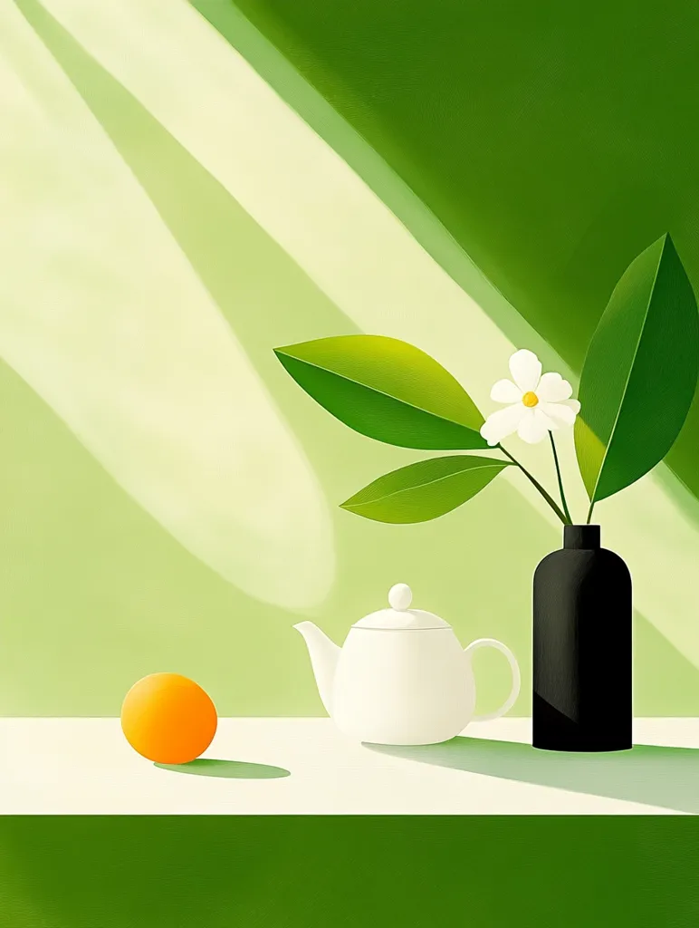 A white teapot sits beside a single orange on a white surface. A green plant with white flowers grows from a black vase. The scene is set against a green background with soft light filtering through the space.  The composition creates a simple yet elegant still life.