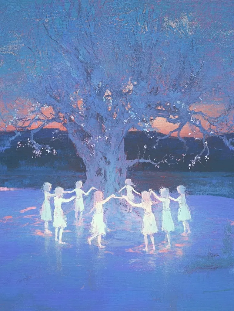 The painting depicts a group of ethereal figures dancing in a circle around a large, bare-branched tree. The figures are translucent and wear flowing white gowns, their limbs barely visible against the soft purple and blue background. The sky is a dusky blue, and the tree is outlined with delicate, white blossoms. The scene evokes a sense of magic and mystery, suggesting a gathering of spirits or mythical beings in a mystical setting.