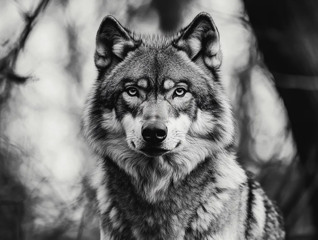 A wolf stands in the shadows of a forest, its piercing gaze locked directly on the viewer.  The image is black and white, highlighting the wolf's powerful features: its sharp ears, pointed snout, and intense eyes. The background is blurry, creating a sense of mystery and emphasizing the wolf's imposing presence.  The overall image evokes a sense of wildness and untamed power.