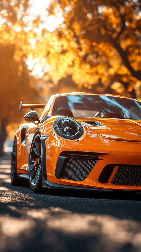 The image shows a bright orange sports car parked on a paved road. The car is partially obscured by a background of out-of-focus golden leaves on trees, creating a warm and inviting atmosphere.  The car's sleek, low profile and sharp lines emphasize its sporty design. The sunlight filtering through the trees adds a sense of depth and dimension to the scene.  The image captures the beauty and power of a high-performance vehicle, set against a backdrop of autumnal nature.
