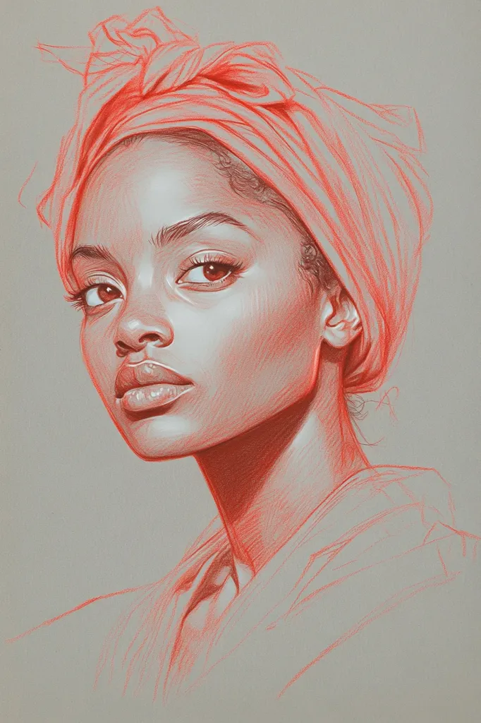 The image is a detailed drawing of a young woman with dark skin, wearing a bright red headscarf. Her eyes are large and expressive, and her lips are full and slightly parted. The drawing is done in a realistic style, with careful attention to detail in the facial features and the texture of the scarf. The woman's expression is one of quiet contemplation, and the overall mood of the image is one of serenity and beauty.  The drawing is done in shades of red and grey, which creates a sense of depth and dimension.  The background is a simple off-white, allowing the woman's face and scarf to be the focal point of the drawing.
