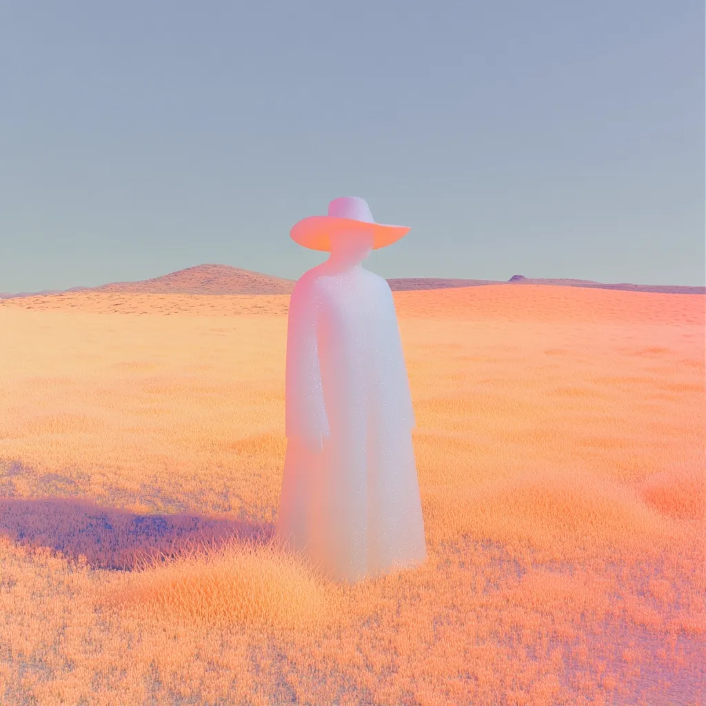 A solitary figure in a white robe and a wide-brimmed hat stands in a vast, golden field. The sky is a soft, pastel pink, and the image has a dreamy, ethereal quality. The figure's features are obscured, adding to the sense of mystery and isolation. The composition is simple yet powerful, drawing the viewer's eye to the figure in the middle of the vast expanse. The overall mood is calm and contemplative, suggesting a sense of peace and solitude.