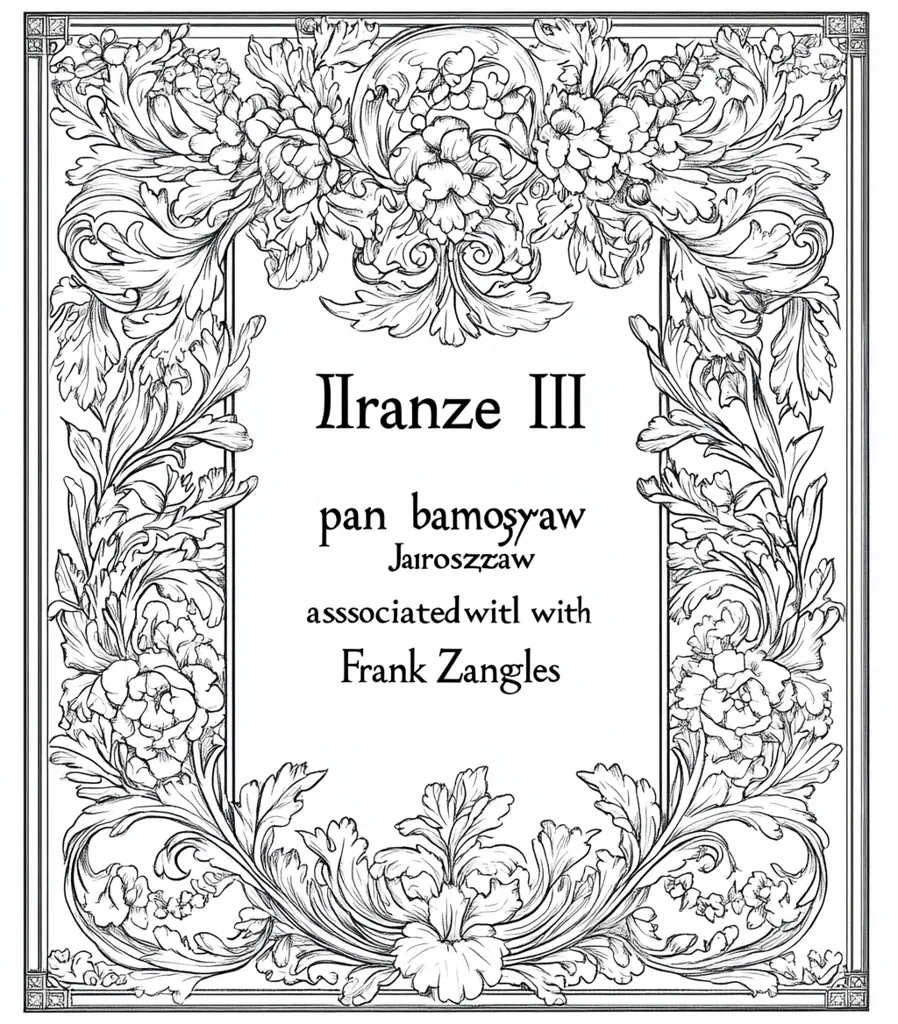 The image is a black and white illustration of an ornate frame. The frame is made of swirling leaves and flowers, creating a decorative border around a central rectangle. Inside the rectangle, the words "Ilranze III," "pan bamosyaw Jarozzzaw," "associated witl with," and "Frank Zangles" are written in a formal font. The image has a vintage aesthetic and likely represents a book title page or similar decorative element.