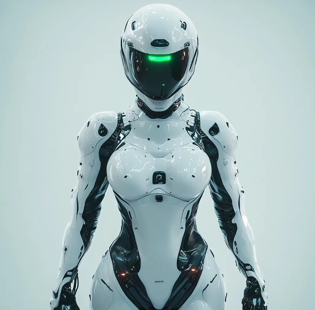 The image shows a female robot, standing against a white background.  She is wearing a sleek, white and black exosuit, with a helmet that has a glowing green visor.  Her pose is confident and powerful, with her arms at her sides and her body slightly turned towards the viewer. The suit is adorned with numerous details, including panels, lines, and small lights. Her gaze is forward, suggesting she is focused and ready for action. The image evokes a sense of futuristic technology and a powerful female presence.