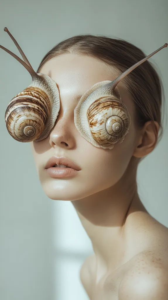 A woman with smooth skin and light brown hair has two large snail shells covering her eyes. The shells are positioned like a pair of glasses, and the woman's expression is serene and closed-eyed. The background is a soft, neutral color, creating a minimalist and surreal aesthetic. The image evokes a sense of mystery and the beauty of the unexpected.