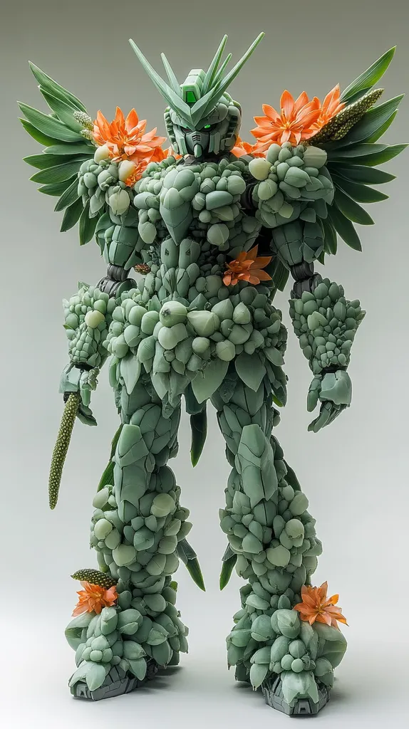 A green, mechanical, humanoid figure, resembling a robot, is covered in succulent plants. It appears to have wings and arms made of leafy greenery and the body is adorned with fleshy, green foliage. Orange flowers bloom on the figure's shoulders, adding a splash of color to the composition. The figure stands against a plain, grey background, emphasizing its unique and whimsical design.