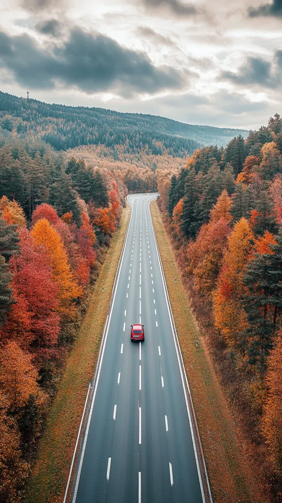 A lone red car drives down a straight, empty highway lined with vibrant autumn foliage. The road stretches into the distance, disappearing into a forest of fiery reds and oranges. Overhead, a cloudy sky casts a soft light on the scene, creating a sense of tranquility and solitude.  The image captures the beauty of nature in transition and the freedom of the open road.
