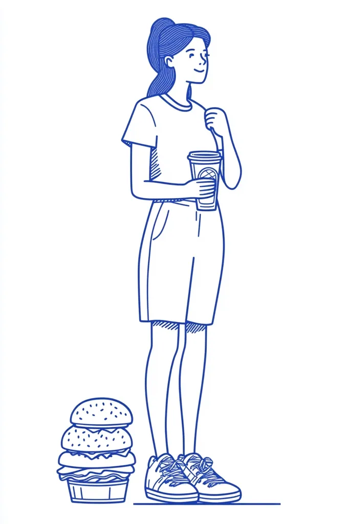 A line drawing of a young woman, drawn in blue, is standing with a takeaway cup in her hand and looking to the right. She is wearing a t-shirt and shorts. There is a large burger sitting in front of her.  The image has a clean, simple style.