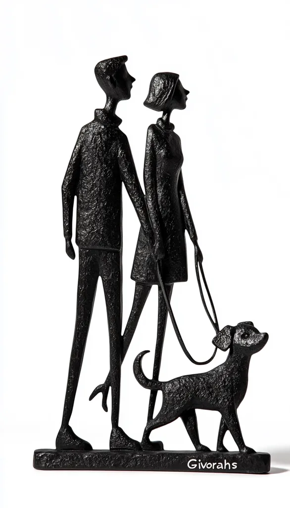 A black metal sculpture depicting a couple walking their dog. The couple is silhouetted, with the man on the left and the woman on the right. The dog is walking behind them, attached to a leash. The sculpture is set on a black base with the artist's name "Givorahs" inscribed in white lettering.  The piece is a stylized representation of a couple enjoying a leisurely walk with their pet.