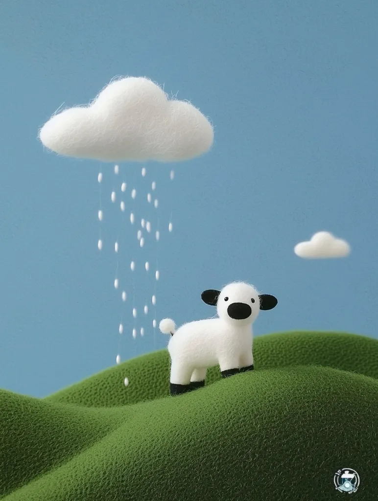 A white, fluffy sheep with black eyes and ears stands on a green hill. Above it, a white, fluffy cloud hangs in a blue sky, and a shower of white raindrops falls from it. A smaller cloud floats in the distance. The scene is whimsical and charming, evoking a sense of childlike wonder.