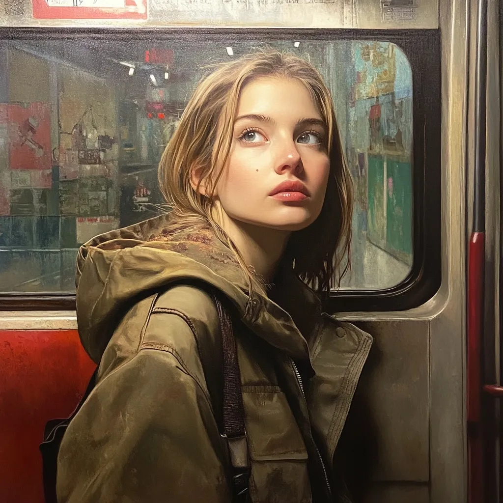 A young woman with long blonde hair, wearing a brown jacket, sits on a train. She stares out the window, her face illuminated by the dim light inside the train. The scene is captured in a realistic style with sharp details and subtle lighting, conveying a sense of quiet contemplation and introspection. The overall mood is melancholic and reflective, inviting the viewer to ponder the woman's thoughts and emotions.