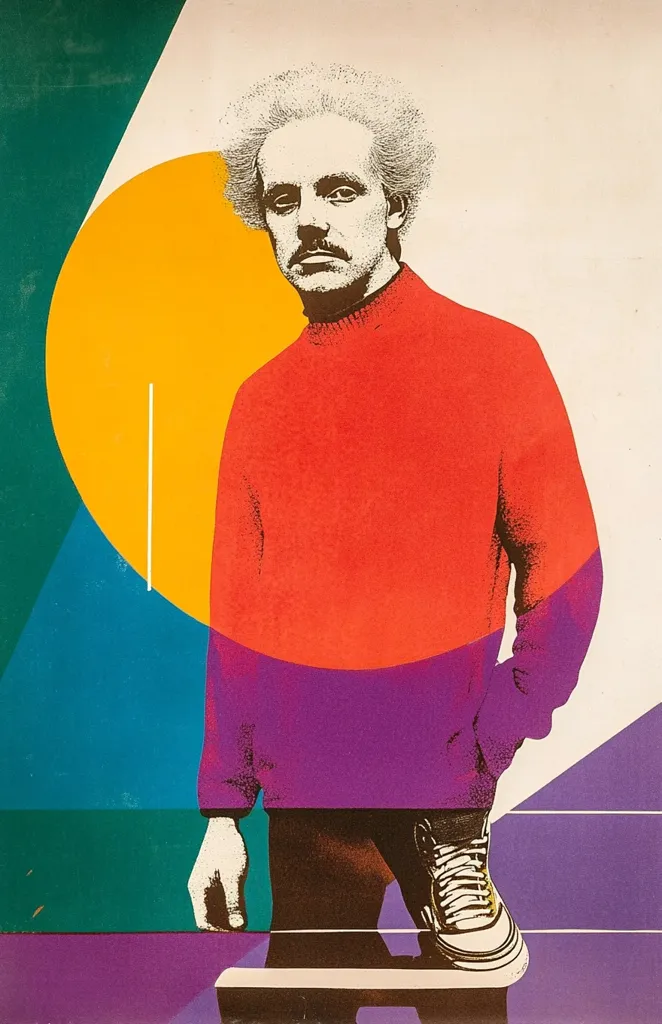 The image is a portrait of a man with a white background. He has a full head of curly hair and a mustache. He is wearing a red sweater, and a black shoe with a white sole. He is standing in front of a yellow circle, which is partially behind him. The colors in the image are vibrant and contrasting. The man's expression is serious and he appears to be looking straight ahead.  The image is stylized and has a retro feel.  The image could be from a magazine or a poster.