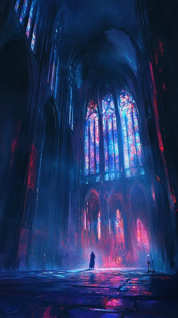 A single figure stands in the center of a vast cathedral, bathed in the ethereal glow of stained glass windows. The towering arches and intricate details of the building are lost in the shadows, creating a sense of mystery and grandeur. The light filtering through the windows paints the floor in shades of pink and blue, adding to the surreal atmosphere.  The figure, cloaked in darkness, appears to be a lone traveler in this magnificent, otherworldly space.