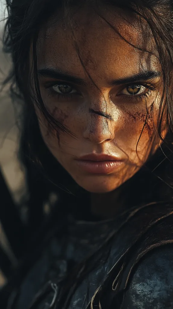The image shows a close-up of a woman's face, her expression serious and determined. Her dark hair frames her face, which is covered in dirt and grime, suggesting she has been through a tough ordeal.  A dark scar runs diagonally across her left eye. Her eyes are sharp and intense, reflecting a resilience and strength. She wears a dark, leather garment, hinting at a warrior or adventurer's life. The image captures a moment of raw power and determination in the face of adversity.