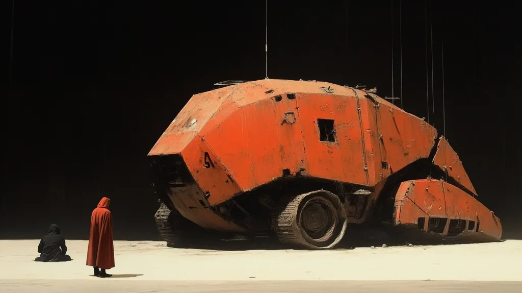 The image depicts a large, rusted, orange vehicle, possibly a tank, with one side collapsed. The vehicle is parked on a desolate, sandy terrain, surrounded by a dark background. Two figures stand in the foreground, one clad in black, the other in red, suggesting a sense of isolation and mystery. The image evokes a post-apocalyptic atmosphere, hinting at a world ravaged by conflict and destruction. The vehicle's imposing presence and the figures' diminutive stature emphasize the vastness and desolation of the setting.