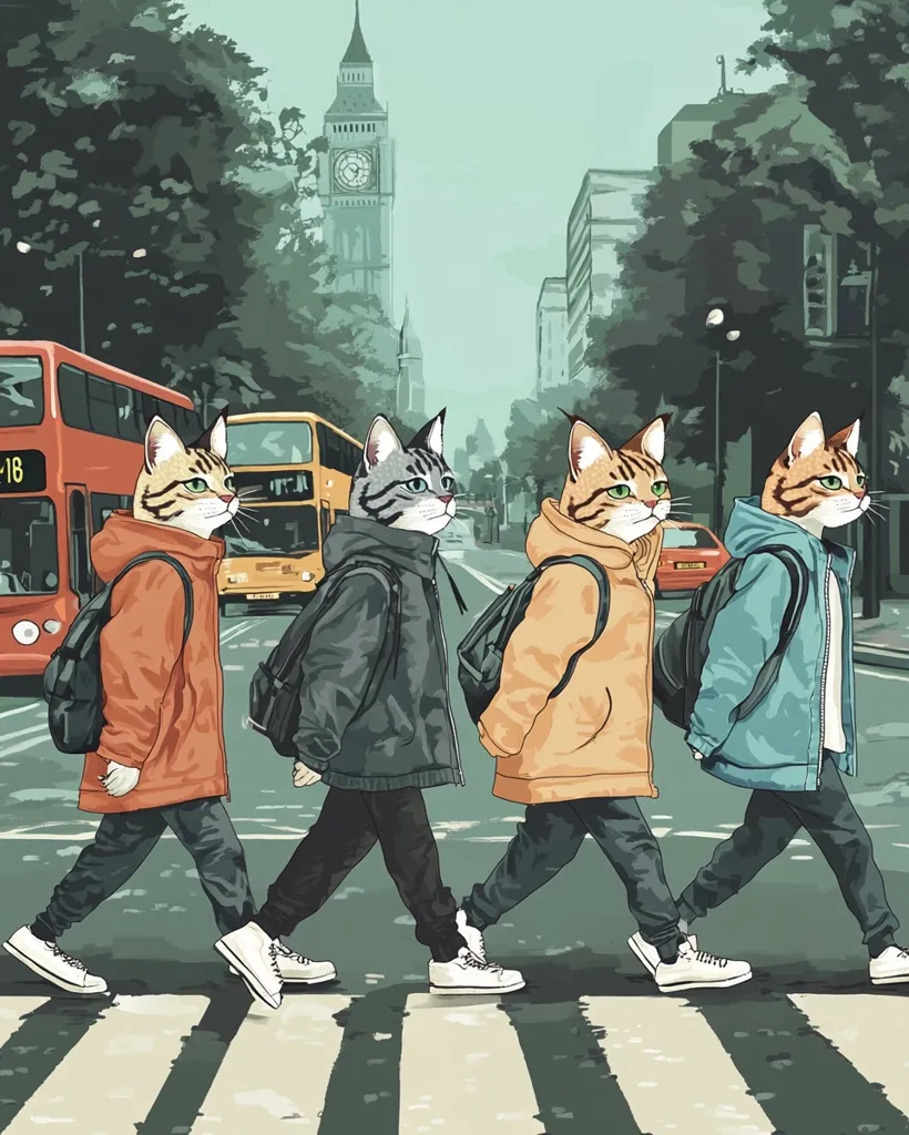 Four cats wearing jackets and backpacks walk across a crosswalk in London, with Big Ben in the background. The cats are walking in a line, mimicking the famous Beatles album cover. The scene is humorous and whimsical, with a touch of British charm.