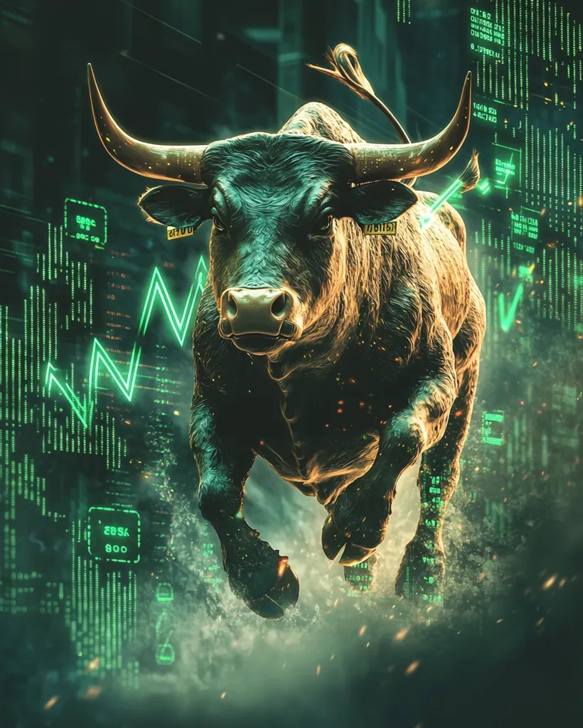 A powerful, muscular bull charges forward in a digital landscape. Green glowing lines and numbers cover the background, symbolizing the volatile nature of the stock market. The bull's determined expression and forward motion suggest a bullish market trend. Its golden hue adds a sense of strength and prosperity. The image creates a dynamic and powerful representation of financial growth and potential.