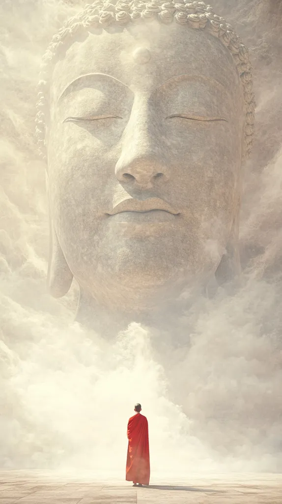 A lone monk stands in a hazy landscape, facing a colossal stone Buddha head. The Buddha's eyes are closed, and a subtle white dot marks the third eye, suggesting a state of enlightenment. The image evokes a sense of tranquility and spiritual connection, with the monk seemingly absorbed in contemplation. The misty background adds to the ethereal ambiance, creating a dreamlike quality.