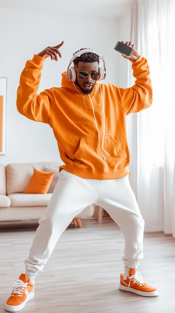 A young man with a  black beard is wearing a bright orange hoodie, white pants, and orange sneakers. He's wearing headphones and holding a cell phone in one hand, and is posing with his other arm in the air. He's standing in a living room with a couch in the background. He is dancing to music.