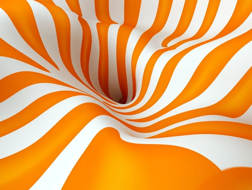The image shows a swirling, abstract pattern of orange and white stripes that creates a vortex-like effect. The stripes are curved and twisted, giving the illusion of depth and movement. The bright colors and dynamic design create a sense of energy and excitement.  The image evokes a feeling of being pulled into the center of the vortex.