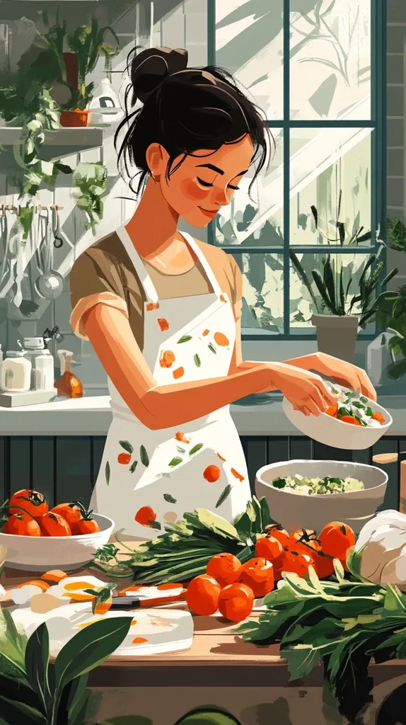 A woman in a floral apron stands in a kitchen, preparing a meal. She is adding ingredients to a bowl with her left hand.  Fresh produce is on the counter, including tomatoes, leafy greens, and vegetables. The kitchen is filled with warm light, suggesting a sunny day.  The image depicts the simple pleasure of preparing a delicious meal at home.