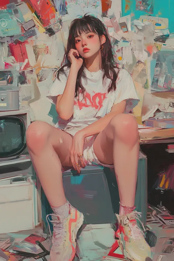 The image depicts a young woman with long dark hair sitting on a gray box in front of a wall covered in colorful papers. She's wearing a white t-shirt with red lettering, white shorts, and white sneakers. Her expression is calm, and she's looking directly at the viewer. The image has a soft, painterly style. The overall mood of the image is one of quiet contemplation.