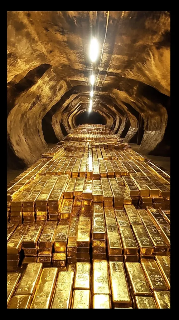 The image shows a dimly lit tunnel filled with stacks of gold bars. The tunnel is lined with rough, brown rock, and a line of lights runs down the center. The gold bars shimmer under the artificial light, creating a mesmerizing sight.  The image evokes a sense of wealth, power, and mystery.