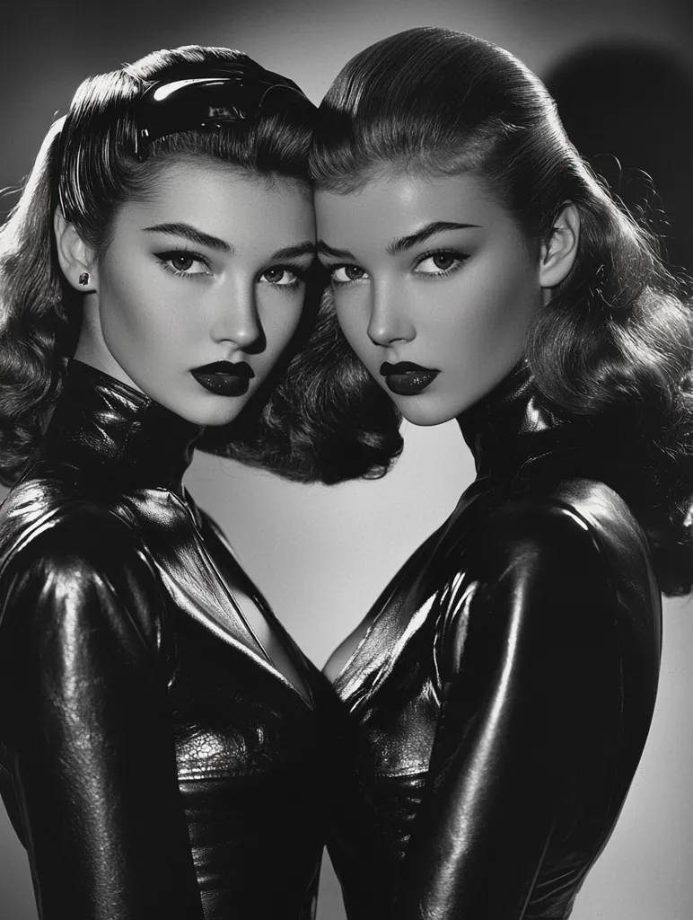 Two women with similar features and hairstyles wear matching black leather outfits and stare intensely at the camera. The photo is black and white and has a dramatic lighting scheme. They are posed close together, with their faces almost touching, creating a sense of mystery and intrigue.  The image evokes a classic film noir aesthetic.