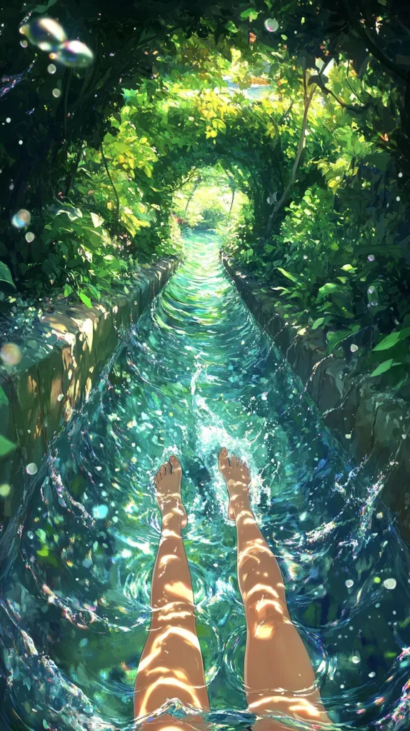 A pair of tanned legs dangle in a shallow, sparkling stream. The water is clear and reflects the sunlight, creating a shimmering effect.  The stream flows through a lush green forest, with vibrant foliage lining its banks. A sense of peace and tranquility emanates from this serene scene.