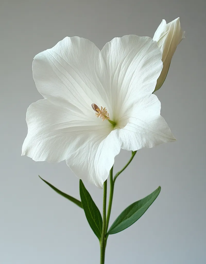 A single white flower with delicate petals and a subtle brown center stands out against a plain gray background. The flower is in full bloom, with its petals fully open and soft, creating a sense of elegance and purity. Its long green stem and leaves add a touch of nature to the image, providing a contrast to the white flower. The composition is simple yet captivating, focusing on the beauty and fragility of the flower.