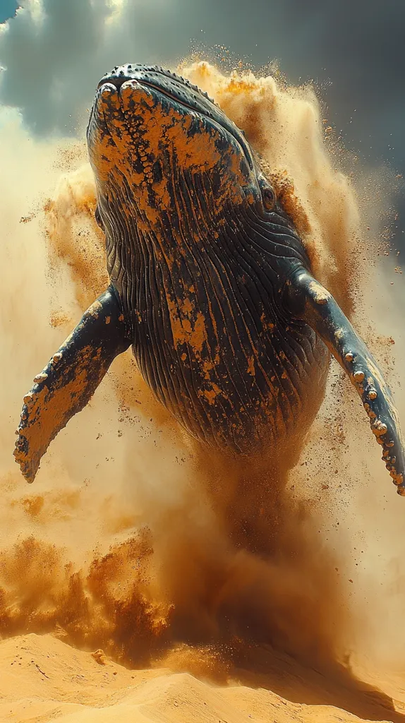 A large whale, covered in sand, leaps out of the sand, creating a cloud of dust. It's a surreal and impossible image, suggesting a whale has somehow been transported to a desert environment. The whale's powerful muscles are evident in its pose, and the intensity of the sandstorm adds to the dramatic feel of the scene. The image is likely a digital creation, capturing a fantastical moment.
