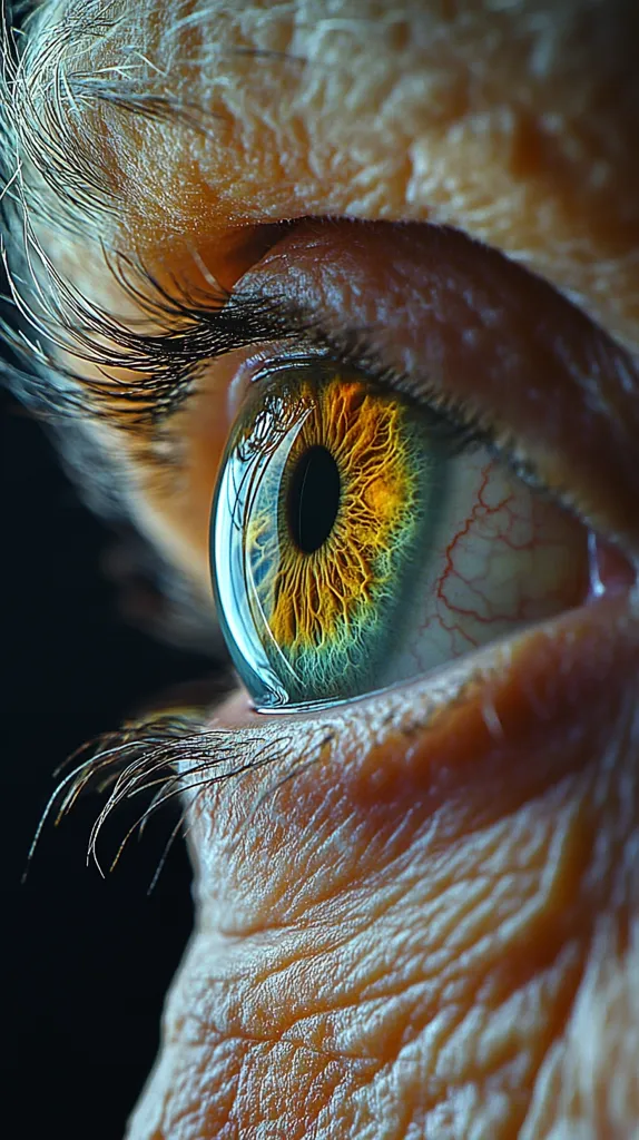A close-up shot of a human eye, focusing on the intricate details of the iris and the surrounding skin. The eye is looking to the right, with the pupil appearing as a dark circle within the intricate patterns of the iris. The eyelashes are visible, as well as the delicate lines and wrinkles around the eye. The image captures the beauty and complexity of the human eye in a close-up perspective.